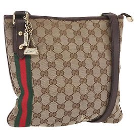 Borsa a Spalla Gucci GG Canvas Web Sherry Line Beige Oro 144388 Auth hk3291