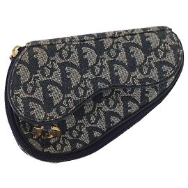 Christian Dior Trotter Canvas Satteltasche Navy Gold Auth 162748