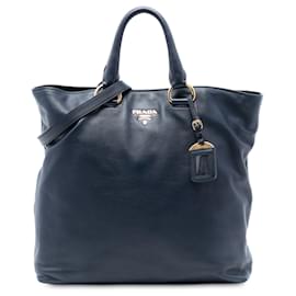 Borsa tote aperta convertibile in vitello morbido blu Prada