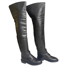 Rare Vintage Chanel 90s Claudia Schiffer Black Leather CC Riding Boots EU 36 (fits 37)