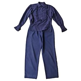 Tailleur pantalon Yves Saint Laurent en soie bleu marine