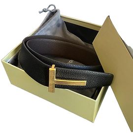 Tom Ford black leather belt with gold T buckle