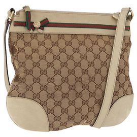 GUCCI GG Canvas Web Sherry Line Shoulder Bag Beige Gold 257065 Auth 160488