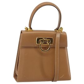 Borsa a mano in pelle Gancini Salvatore Ferragamo 2 in 1 Beige Oro Auth 161403