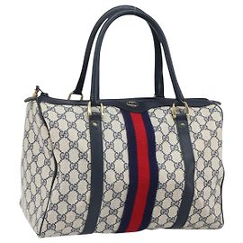 Gucci Borsa Boston Mini Sherry Line GG Supreme in PVC Navy Gold Auth am10364