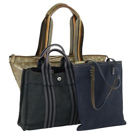 FENDI Gucci Hermes GG Canvas Hand Bag Canvas PVC 3 Set Black Beige Auth ti3619