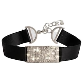 Collana choker Trotter rara in metallo argento e seta di Dior John Galliano con cristalli