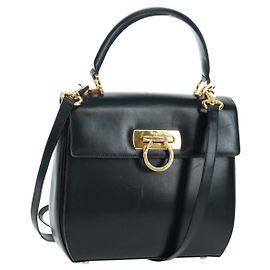 Sac à main en cuir Gancini Salvatore Ferragamo 2 en 1 Noir Or Auth 160846