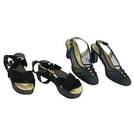 SAINT LAURENT LOUIS VUITTON Sandali con tacco in tela e suede 2 pezzi Nero Auth ti3632
