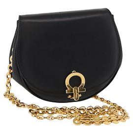 Borsa a Spalla in Pelle Gancini Chain di Salvatore Ferragamo Nero Oro Auth 161032