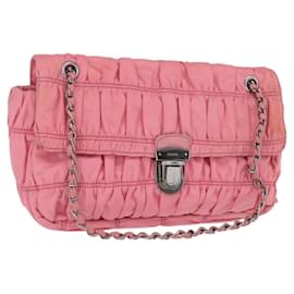 PRADA Borsa a Spalla con Catena Arricciata Nylon Rosa Argento Auth 161419