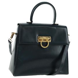 Borsa a mano in pelle Gancini Salvatore Ferragamo 2 in 1 Blu Navy Oro Auth 160979