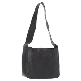 Borsa a Spalla Gancini in Pelle Nera e Oro Salvatore Ferragamo Auth hk3306