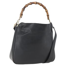 Bolso de mano de cuero Gucci Bamboo 2way Negro Dorado 001 1638 Auth 159054