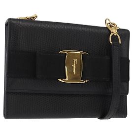 Portefeuille épaule Salvatore Ferragamo Vala en cuir noir et or Auth 159452
