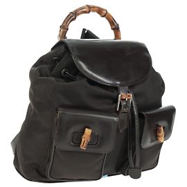 GUCCI Bamboo Rucksack aus Nylon in Braun und Silber 003 1119 0016 Auth 161351