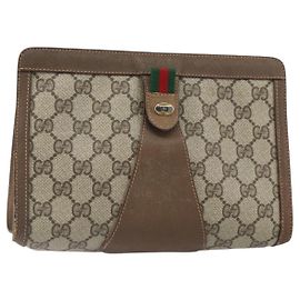 GUCCI GG Supreme Web Sherry Line Clutch Bag PVC Beige Oro 89 01 032 Auth 160944
