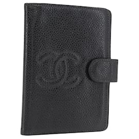 Cubierta de Planificador CHANEL Piel Caviar Negra Oro CC Auth 162550