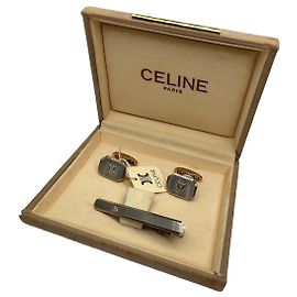 Céline Vintage Celine Paris Triomphe Logo Metal Clamp, cufflinks Set Silver Gold