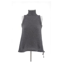 Ärmelloser Brunello Cucinelli Rollkragenpullover aus Leinenmix Grau mit Strass