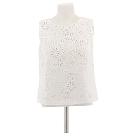 Top bianco senza maniche in cotone con ricamo inglese Prada