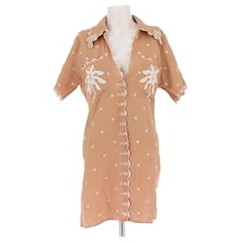 Vestido corto Magali Pascal de lino marrón con bordado blanco