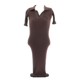 Vestido maxi de lana marrón Bottega Veneta con ribetes verdes