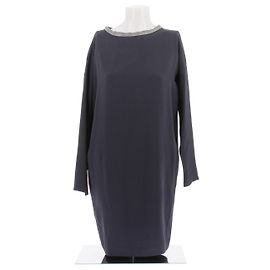 Brunello Cucinelli Midikleid aus marineblauer Seide mit Perlenkragen