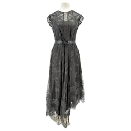 Hermès Spitzen Maxikleid Schwarz mit Ledergürtel