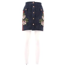Saia Gucci de lã azul marinho com bordado floral
