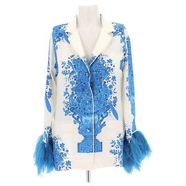 Valentino Garavani Seidenblazer weiß blau mit Print und Federn