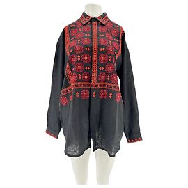 Autre Marque Camicia ETNODIUM in lino nero con ricamo rosso