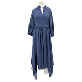 Hermès Maxikleid aus blauer Seide mit Stickerei