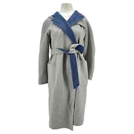 Max Mara Grey and Blue Reversible Cashmere Coat with Hood