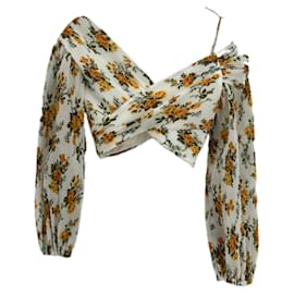 Zimmermann Plissiertes Crop-Top mit Blumenmuster Weiß Gelb