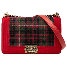 Chanel Rot Alte Mittelgroße Boy Flap aus Gestepptem Tweed und Samt