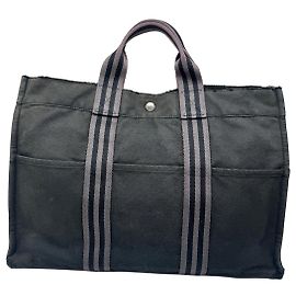 Borsa tote in tela vintage Hermès nera e grigia