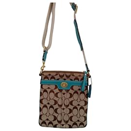 Borsa a spalla Coach monogramma marrone e turchese