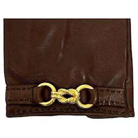 Braune Lederhandschuhe von Hermès mit goldfarbener, gedrehter Hardware