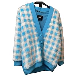 Fendi Karierte Pelzjacke in Hellblau und Weiß
