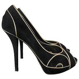 Christian Dior Black Suede Peep-Toe Heels with Gold Trim