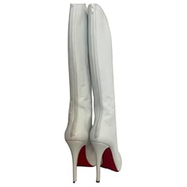 Christian Louboutin Weiße Lederstiefel bis zum Knie mit roten Sohlen
