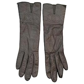 Guanti lunghi in pelle di agnello vintage Chanel - CC ricamato - Taglia 6.5