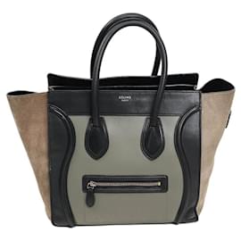 Céline Tricolor Luggage Leder und Wildleder Tote Bag Schwarz Beige Khaki
