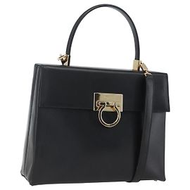 Borsa a mano in pelle Gancini Salvatore Ferragamo 2 in 1 Nero Oro Auth 164875V