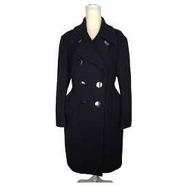 Cappotto lungo Miu Miu blu navy con bottoni dorati a doppio petto