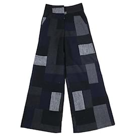 Pantalón de pierna ancha Chanel en lana con estampado de patchwork negro y gris