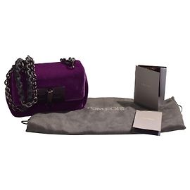 Borsa a spalla mini Natalia in velluto viola Tom Ford con catena e chiusura a scatto TF, borsa da sera