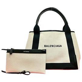 Balenciaga Navy Cabas S Canvas Leather Tote Bag