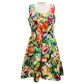 Vestido A-Line de Tafetán de Seda Multicolor con Flores Verdes, Escote Redondo y Cuerpo Ajustado de Oscar de la Renta